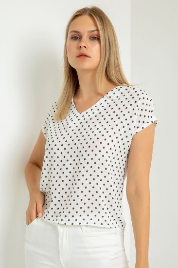 Picture of Jesica Material Short Sleeve V Yakalı Polka-dot Pattern Flowing Woman Blouse Ecru