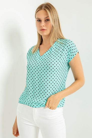 Picture of Jesica Material Short Sleeve V Yakalı Polka-dot Pattern Flowing Woman Blouse Mint
