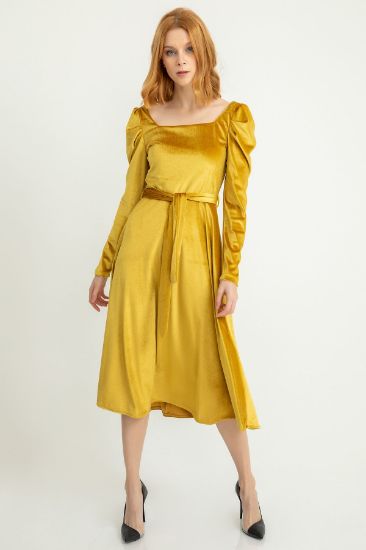 Picture of Velvet Material Watermelon Sleeve Square Neck Belted Woman Dress Mustard Mustard Yellow