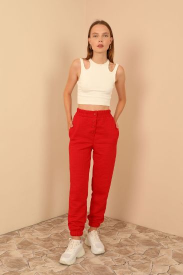 Picture of Kapitone Material Bilek Size Tam Kalıp Çıtçıt Detailed Woman Trousers Red