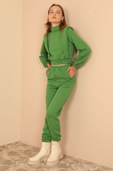 Picture of Kapitone Material turtleneck Neck Shoulder Detailed Woman Suit Green