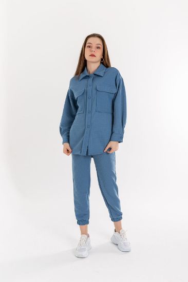 Picture of Kapitone Material Çıtçıt Detailed Woman Shirt Blue