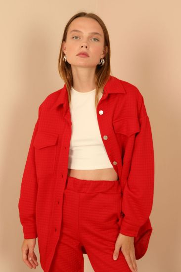Picture of Kapitone Material Shirt Neck Buttoned Woman Jacket Red