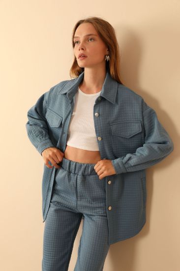 Picture of Kapitone Material Shirt Neck Buttoned Woman Jacket Blue