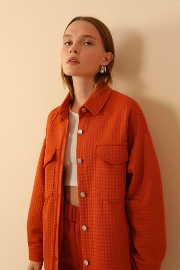 Picture of Kapitone Material Shirt Neck Buttoned Woman Jacket Cinnamon