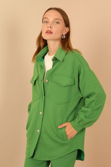 Picture of Kapitone Material Shirt Neck Buttoned Woman Jacket Green