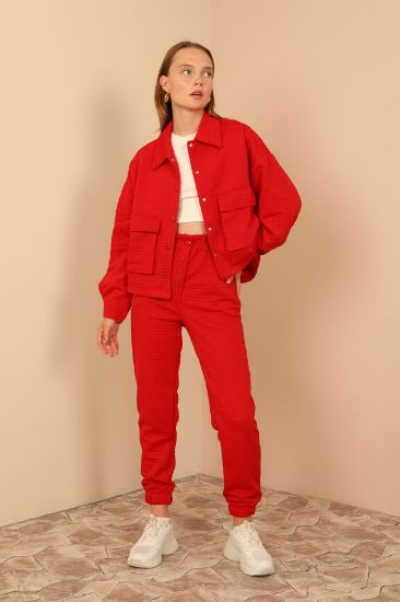 Picture of Kapitone Material Shirt Neck Oversize Loose Çıtçıt Detailed Woman Jacket Red