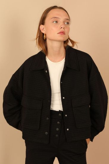 Picture of Kapitone Material Shirt Neck Oversize Loose Çıtçıt Detailed Woman Jacket Black