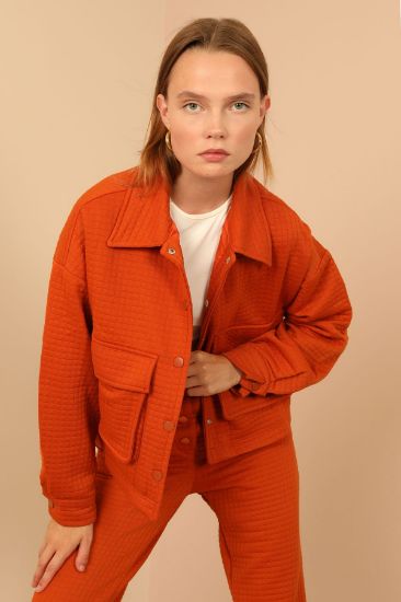 Picture of Kapitone Material Shirt Neck Oversize Loose Çıtçıt Detailed Woman Jacket Cinnamon