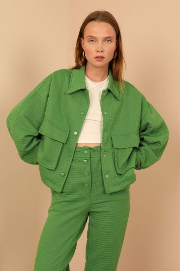 Picture of Kapitone Material Shirt Neck Oversize Loose Çıtçıt Detailed Woman Jacket Green