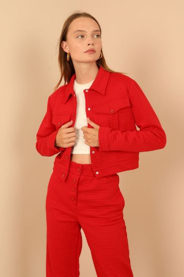 Picture of Kapitone Material Shirt Neck Tam Kalıp Çıtçıt Detailed Woman Jacket Red