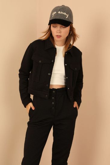 Picture of Kapitone Material Shirt Neck Tam Kalıp Çıtçıt Detailed Woman Jacket Black