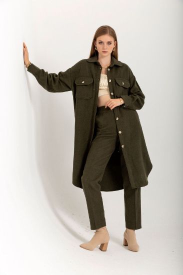 Picture of Cachet Material Long Maxi Sleeved Buttoned Woman Shirt Khaki
