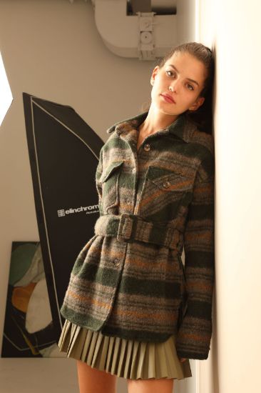 Picture of Cachet Material Long Maxi Sleeved Tam Kalıp Woman Coat Khaki