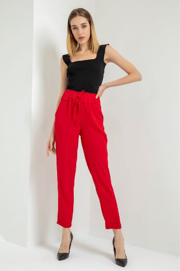 Picture of Linen Aerobin Bilek Size Loose Kalıp Woman Trousers Red