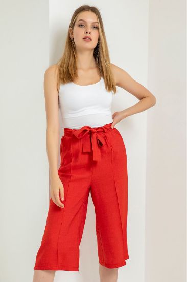 Picture of Linen Material 3 4 Size Comfortable Kalıp Belted Woman Trousers Red