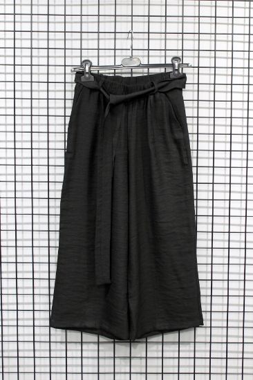 Picture of Linen Material 3 4 Size Comfortable Kalıp Belted Woman Trousers Black