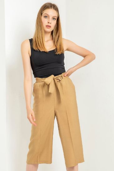 Picture of Linen Material 3 4 Size Comfortable Kalıp Belted Woman Trousers Stone