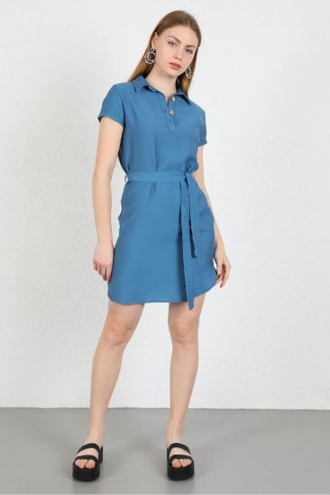 Picture of Linen Material Shirt Neck Tam Kalıp Button Detailed Woman Dress Indigo Blue indigo