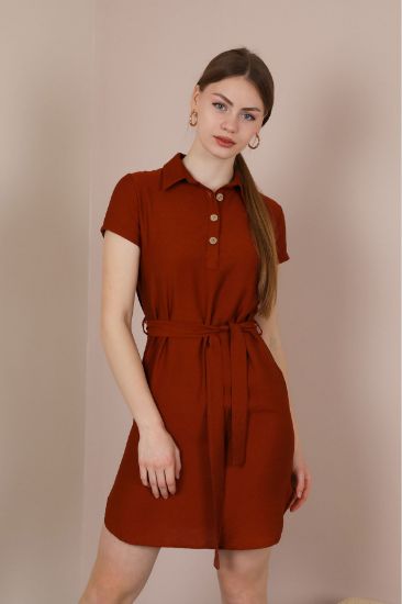 Picture of Linen Material Shirt Neck Tam Kalıp Button Detailed Woman Dress Terra Cotta Tile