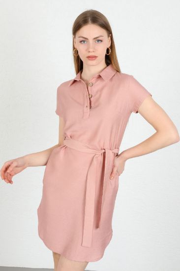 Picture of Linen Material Shirt Neck Tam Kalıp Button Detailed Woman Dress Powder