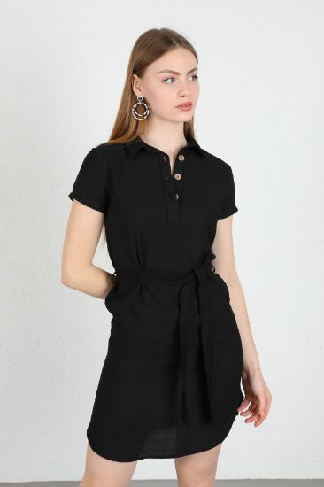 Picture of Linen Material Shirt Neck Tam Kalıp Button Detailed Woman Dress Black