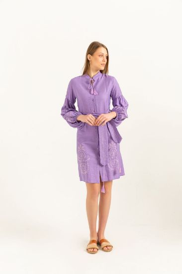 Picture of Linen Material tippet Neck Nakış Detailed Short Woman Dress Purple