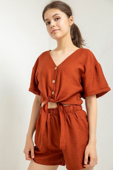 Picture of Linen Material Short Sleeved V Neck Loose Kalıp Front Shirred Woman Blouse Terra Cotta Tile