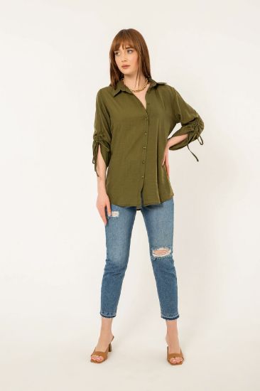 Picture of Linen Material Sleeve Detailed Woman Shirt Khaki