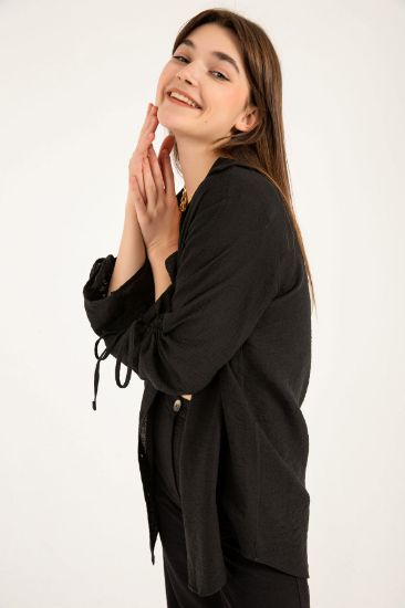 Picture of Linen Material Sleeve Detailed Woman Shirt Black