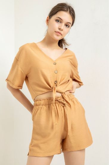 Picture of Linen Material Comfortable Kalıp waist Elastic Woman Short Camel