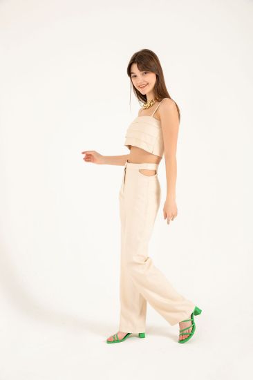 Picture of Linen Material Long Maxi Size Comfortable Kalıp Waist Detailed Woman Trousers Beige