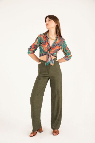 Picture of Linen Material Long Maxi Size Comfortable Kalıp Waist Detailed Woman Trousers Khaki
