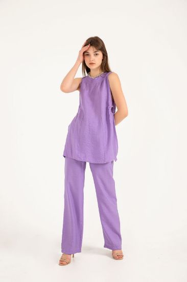 Picture of Linen Material Long Maxi Size Comfortable Kalıp Waist Detailed Woman Trousers Lilac
