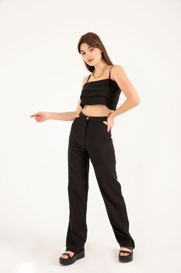 Picture of Linen Material Long Maxi Size Comfortable Kalıp Waist Detailed Woman Trousers Black