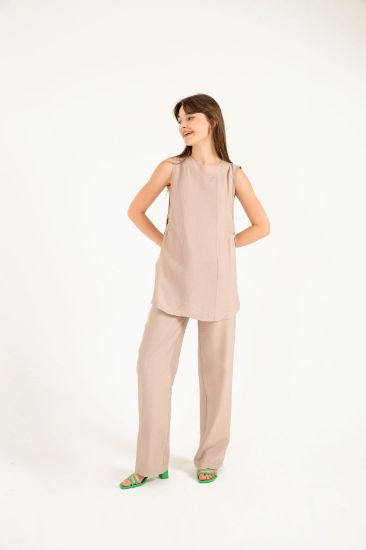 Picture of Linen Material Long Maxi Size Comfortable Kalıp Waist Detailed Woman Trousers Mink