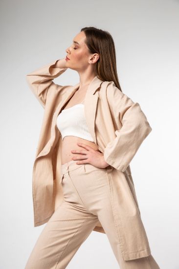 Picture of Linen Material Long Maxi Sleeved Basen Six Size Oversize Loose Woman Jacket Beige