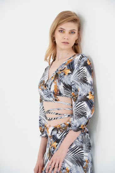 Picture of Double breasted Neck three quarter Trojan Sleeve Patterned Crop Blouse