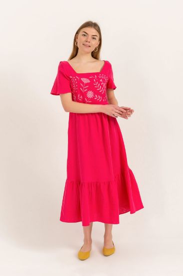 Picture of Müslin Material Square Neck Nakışlı Long Maxi Woman Dress Fuchsia