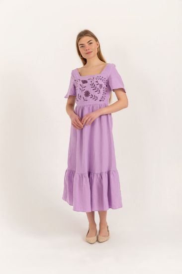 Picture of Müslin Material Square Neck Nakışlı Long Maxi Woman Dress Lilac