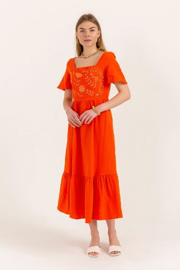 Picture of Müslin Material Square Neck Nakışlı Long Maxi Woman Dress Orange