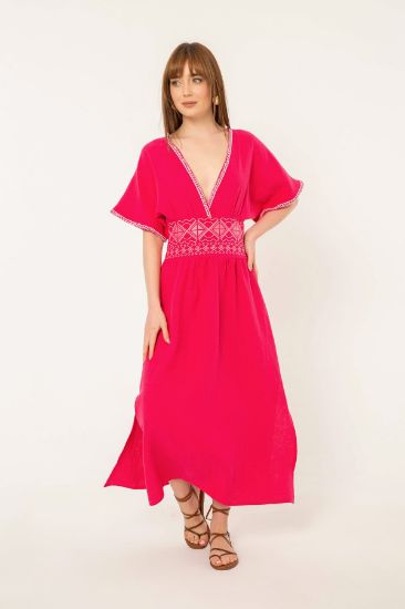 Picture of Müslin Material Nakışlı Yırtmaç Detail Dress Fuchsia