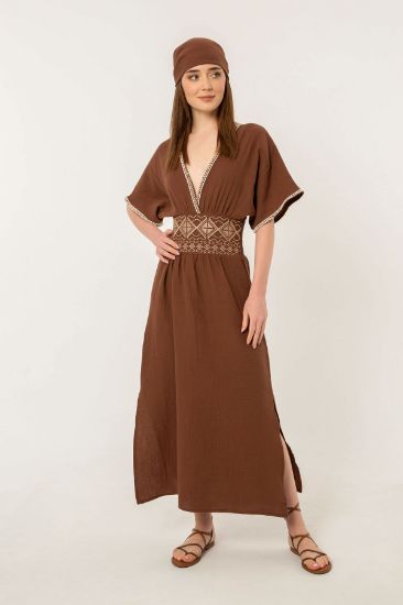 Picture of Müslin Material Nakışlı Yırtmaç Detail Dress Brown