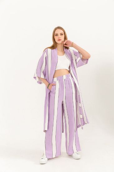 Picture of Müslin Material Shawl Neck Comfortable Kalıp Striped Woman Kimonos Lilac