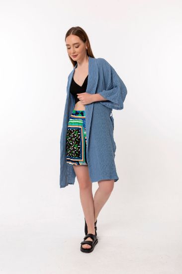 Picture of Müslin Material Long Maxi Sleeve Shawl Neck Knee Six Size Bürümcük Woman Kimonos Blue