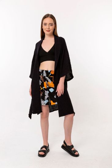 Picture of Müslin Material Long Maxi Sleeve Shawl Neck Knee Six Size Bürümcük Woman Kimonos Black