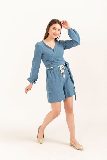Picture of Müslin Material Long Maxi Sleeved Bağlama Detailed Woman Crop Indigo Blue indigo