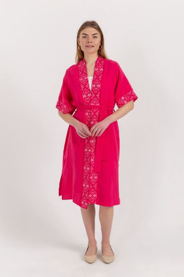 Picture of Müslin Material Half Sleeve Belted Nakış embroidered Kimonos Fuchsia