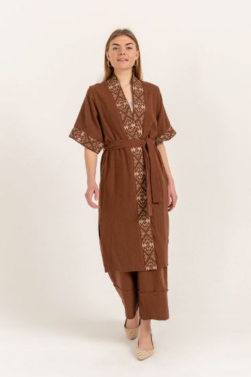 Picture of Müslin Material Half Sleeve Belted Nakış embroidered Kimonos Brown