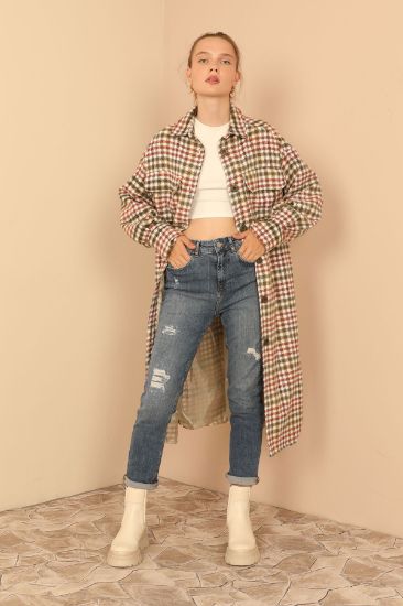 Picture of Oduncu Material Shirt Neck Knee Six Size Oversize Loose Plaid Woman Jacket Beige